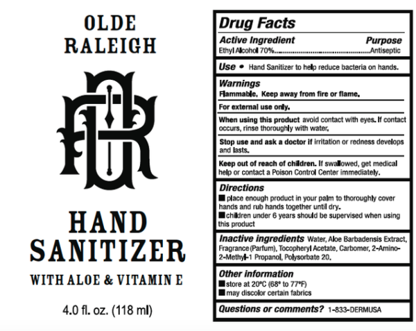 olde raleigh hand sanitizer label of ingredients