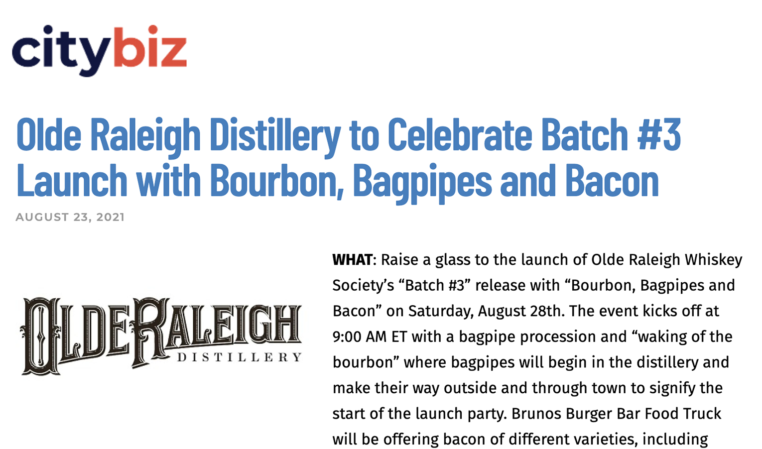 Olde Raleigh Distillery to celebrate batch #3 launch with bourbon, bagpipes and bacon in raleigh, nc